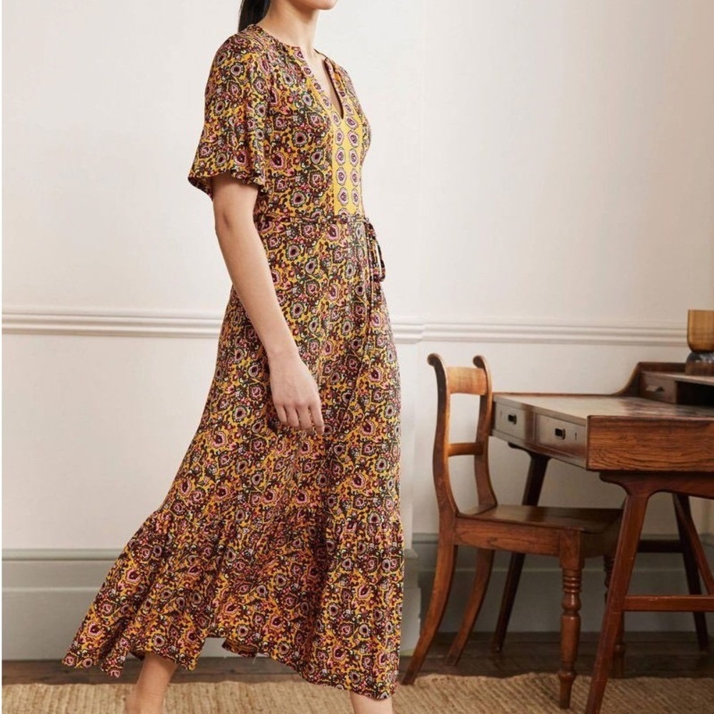 Boden Floral Maxi Dress in Mustard and Burgundy